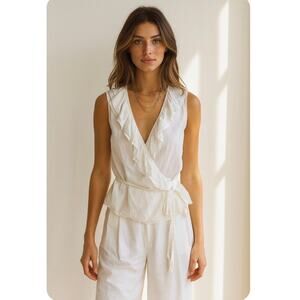 Ralph Lauren White Ruffle Collar Wrap Top Classic Boho Effortless Chic Large